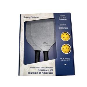 New Tommy Bahama Pickleball Set 2- Grey Wooden Paddles 2-Yellow Game Balls